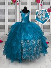  Appliques and Ruffled Layers Little Girl Pageant Gowns Aqua Blue Lace Up Sleeveless Floor Length