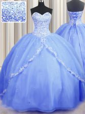 Vintage With Train Ball Gowns Sleeveless Baby Blue Sweet 16 Dress Brush Train Lace Up