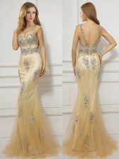 Pretty Mermaid Tulle Scoop Cap Sleeves Brush Train Backless Beading Dress for Prom in Gold