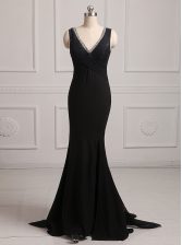  Mermaid With Train Backless Prom Party Dress Black for Prom and Party with Beading Brush Train