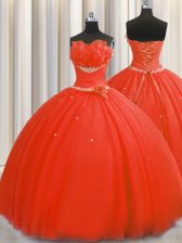 Lovely Handcrafted Flower Sleeveless Tulle Floor Length Lace Up Quince Ball Gowns in Coral Red with Beading and Sequins and Hand Made Flower