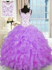 Beauteous Sweetheart Sleeveless Quinceanera Gown Floor Length Beading and Appliques and Ruffles Lilac Organza