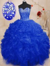  Floor Length Lace Up Quinceanera Gown Royal Blue for Military Ball and Sweet 16 and Quinceanera with Beading and Ruffles