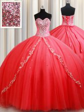  Floor Length Coral Red 15 Quinceanera Dress Tulle Sleeveless Beading and Appliques