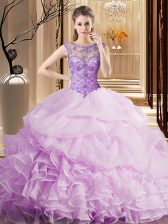 Latest Scoop Lilac Sleeveless Brush Train Beading and Ruffles and Pick Ups Quinceanera Dresses