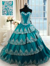 Inexpensive Floor Length Lace Up Sweet 16 Dresses Teal for Military Ball and Sweet 16 and Quinceanera with Beading and Embroidery and Ruffled Layers