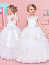 Tulle Scoop Sleeveless Lace Up Lace and Bowknot Flower Girl Dress in White