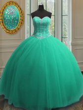 Comfortable Sweetheart Sleeveless Quince Ball Gowns Floor Length Beading and Sequins Turquoise Tulle
