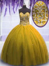  Olive Green Tulle Lace Up Sweet 16 Quinceanera Dress Sleeveless Floor Length Beading