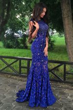 Amazing Royal Blue Mermaid Scoop Sleeveless Lace With Train Sweep Train Backless Beading Homecoming Dress