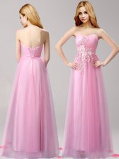  Floor Length Lace Up Prom Evening Gown Rose Pink for Prom with Beading and Appliques