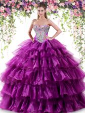 Simple Purple Sweetheart Lace Up Beading and Ruffled Layers Quince Ball Gowns Sleeveless
