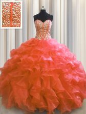 Decent Visible Boning Red Lace Up 15 Quinceanera Dress Beading and Ruffles Sleeveless Floor Length