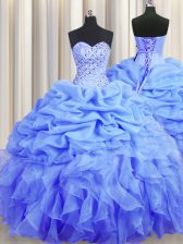  Organza Sweetheart Sleeveless Lace Up Beading and Ruffles and Pick Ups Quinceanera Dresses in Blue