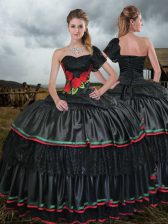 Latest Black Ball Gowns Taffeta One Shoulder Sleeveless Embroidery With Train Lace Up Quinceanera Gowns Sweep Train