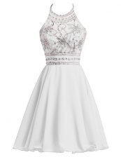 Dynamic White Chiffon Zipper Halter Top Sleeveless Knee Length Prom Evening Gown Beading