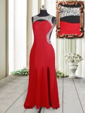 Sexy Scoop Sleeveless Brush Train Backless Prom Gown Red Elastic Woven Satin