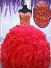Fantastic Sleeveless Floor Length Beading and Ruffles Lace Up Quinceanera Dress with Coral Red