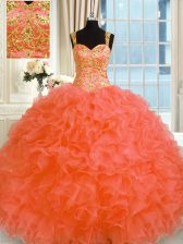 Excellent Straps Sleeveless Organza Quinceanera Gowns Embroidery and Ruffles Lace Up