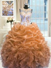 Dazzling Scoop Sleeveless Ball Gown Prom Dress Floor Length Beading and Ruffles Orange Organza