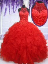  Halter Top Sleeveless Floor Length Beading and Ruffles Lace Up Ball Gown Prom Dress with Red