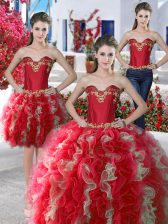 Sophisticated Three Piece Red Organza Lace Up Sweetheart Sleeveless Floor Length Vestidos de Quinceanera Beading