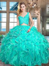 Eye-catching V-neck Sleeveless Quinceanera Gown Floor Length Lace and Ruffles Turquoise Organza
