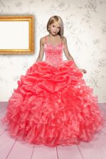  Floor Length Coral Red Party Dresses Organza Sleeveless Beading and Ruffles and Pick Ups