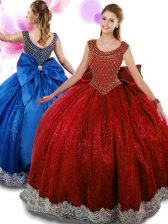 Ideal Wine Red Ball Gowns Scoop Sleeveless Organza Floor Length Zipper Beading and Appliques and Bowknot Quinceanera Gowns