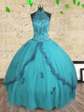  Halter Top Sleeveless Floor Length Beading Lace Up Quinceanera Gown with Teal
