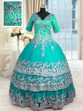 Hot Sale Beading and Lace and Appliques and Ruffled Layers 15 Quinceanera Dress Turquoise Zipper Half Sleeves Floor Length