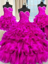 Most Popular Four Piece Fuchsia Lace Up Sweet 16 Dress Beading and Ruffles and Ruching Sleeveless Floor Length