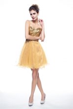 Noble Mini Length Side Zipper Prom Gown Gold for Prom with Beading and Sequins