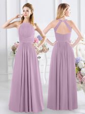 Colorful Lavender Empire Chiffon Halter Top Sleeveless Ruching Floor Length Zipper Court Dresses for Sweet 16