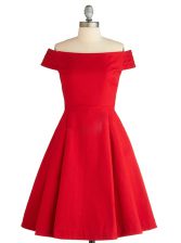  Red Zipper Off The Shoulder Ruching Prom Evening Gown Satin Sleeveless