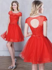 Fantastic Scoop Red Short Sleeves Appliques and Belt Mini Length Court Dresses for Sweet 16