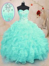 Beauteous Turquoise Sleeveless Organza Lace Up Quinceanera Gown for Military Ball and Sweet 16 and Quinceanera