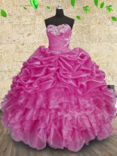 Custom Fit Fuchsia Ball Gowns Beading and Appliques and Ruffles and Ruching 15 Quinceanera Dress Lace Up Organza Sleeveless Floor Length