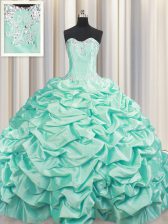  Brush Train Apple Green Ball Gowns Taffeta Sweetheart Sleeveless Beading and Pick Ups Floor Length Lace Up Ball Gown Prom Dress