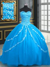 Cute Brush Train Ball Gowns Sweet 16 Dresses Aqua Blue Sweetheart Tulle Sleeveless With Train Lace Up