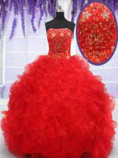 Fashion Red Strapless Lace Up Beading and Embroidery and Ruffles Quinceanera Dress Sleeveless