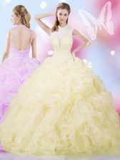 Free and Easy Beading and Ruffles and Pick Ups Quince Ball Gowns Light Yellow Lace Up Sleeveless Floor Length