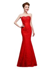  Mermaid Strapless Sleeveless Lace Up Dress for Prom Red Lace