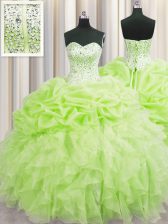 Admirable Visible Boning Yellow Green Sleeveless Beading and Ruffles and Pick Ups Floor Length Quinceanera Dresses