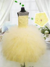  Scoop Light Yellow Zipper Pageant Gowns For Girls Beading and Appliques Sleeveless Floor Length