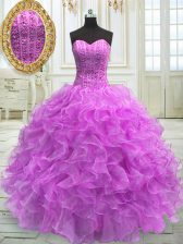 Customized Sleeveless Organza Floor Length Lace Up 15 Quinceanera Dress in Lilac with Beading and Ruffles