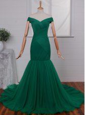 Clearance Mermaid Green Tulle Zipper Off The Shoulder Sleeveless Homecoming Dress Court Train Ruching