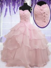  Ruffled Floor Length Ball Gowns Sleeveless Baby Pink Ball Gown Prom Dress Lace Up