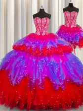  Three Piece Visible Boning Multi-color Ball Gowns Tulle Sweetheart Sleeveless Beading Floor Length Lace Up Sweet 16 Dress