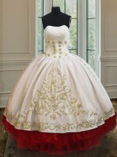  Ruffled Floor Length Ball Gowns Sleeveless White and Red Quinceanera Gowns Lace Up